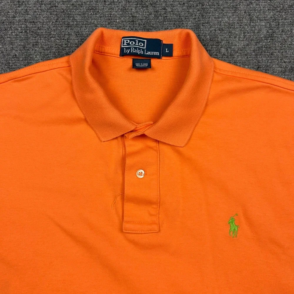 Polo Ralph Lauren Polo Shirt Mens L Orange Short Sleeve Green Pony Cotton Pique